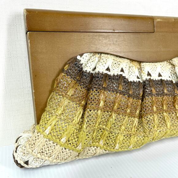 RETRO Woven Clutch Purse Wood Festival Boho Bohemian 70s Neutral Summer Fall - Picture 6 of 11